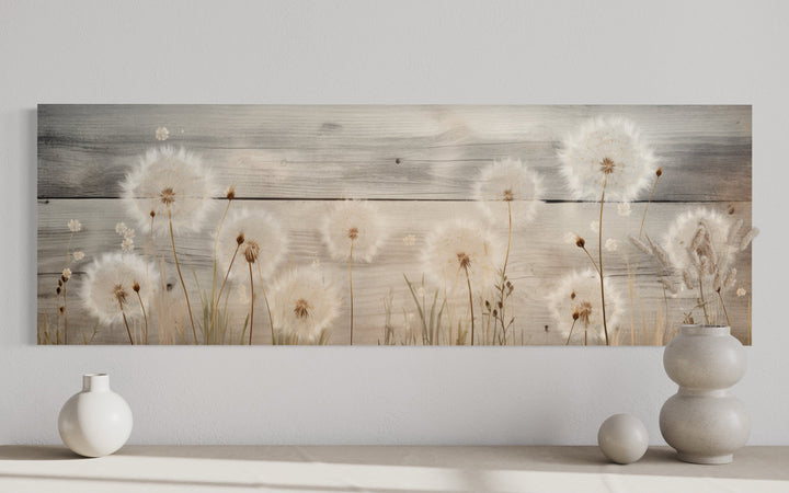 Rustic dandelion painting on wood texture, long horizontal wall art above a neutral console table.