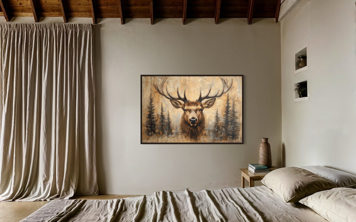 Rustic Deer Painted On Wood Framed Canvas Wall Art For Cabin Decor