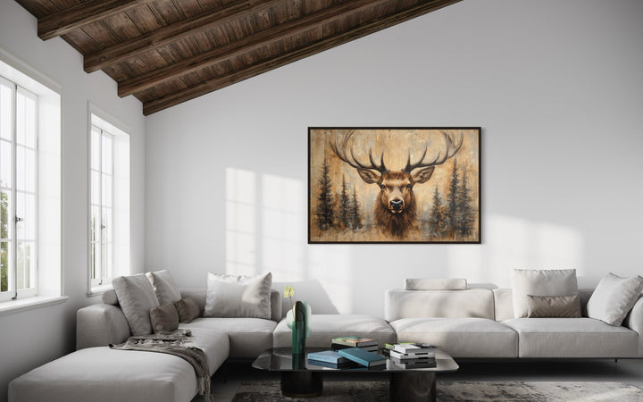 Rustic Deer Painted On Wood Framed Canvas Wall Art For Cabin Decor