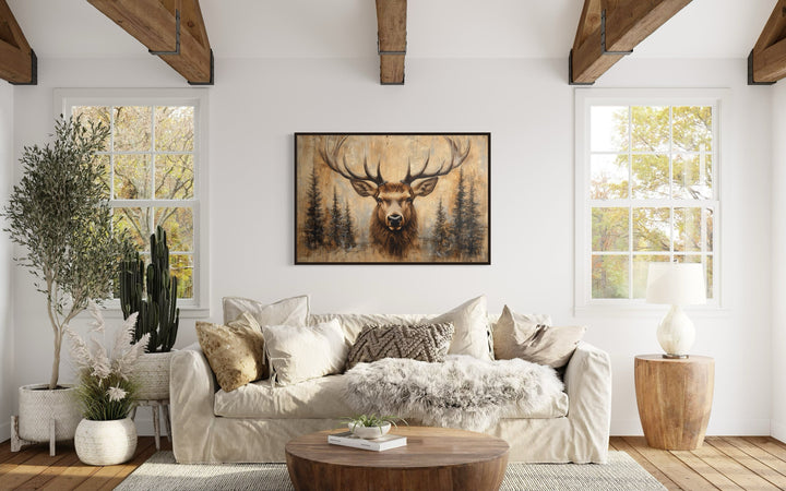 Rustic Deer Painted On Wood Framed Canvas Wall Art For Cabin Decor