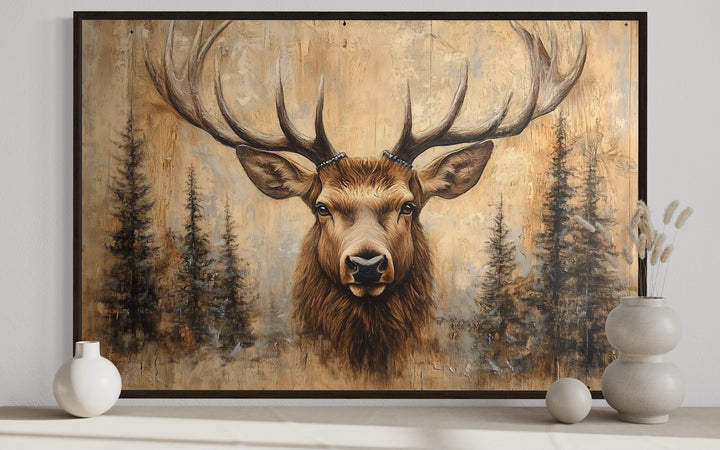 Rustic Deer Painted On Wood Framed Canvas Wall Art For Cabin Decor