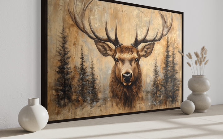 Rustic Deer Painted On Wood Framed Canvas Wall Art For Cabin Decor