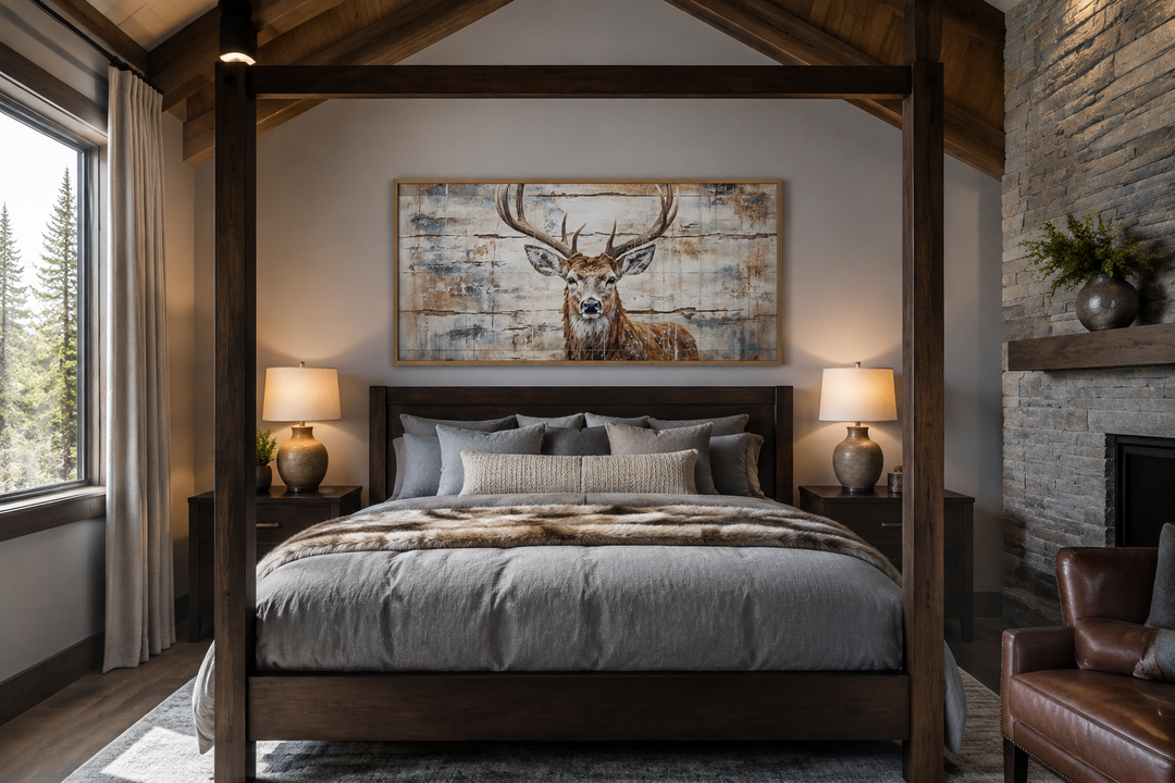 Rustic deer painting on wood canvas wall art hanging above a bed in a cabin-style bedroom.
