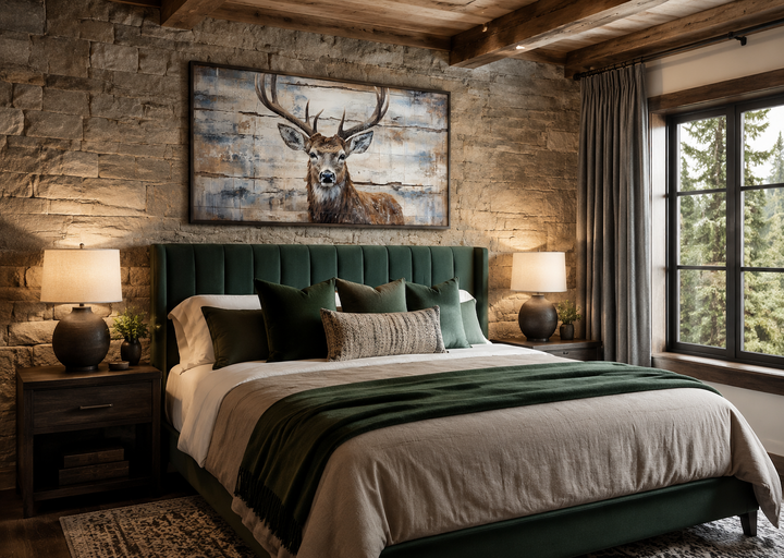 Rustic deer painting on wood-style canvas wall art hanging above a bed in a cabin-style bedroom.