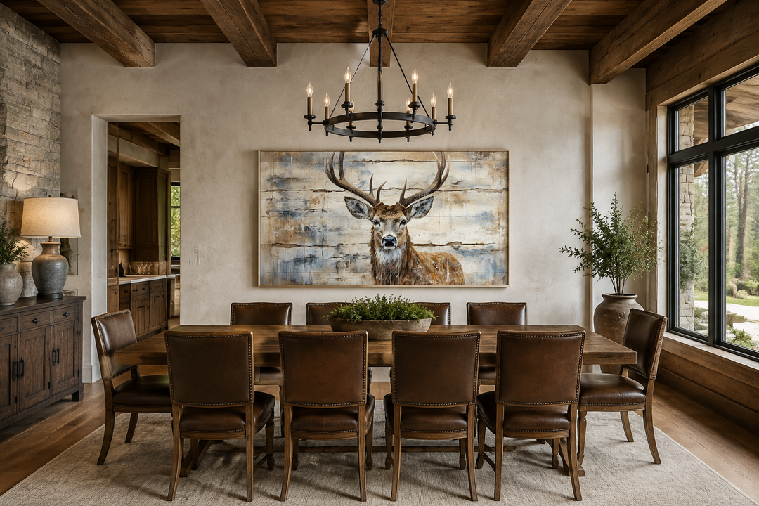 Rustic deer painting on a wood-textured canvas hanging in a cabin-style dining room.