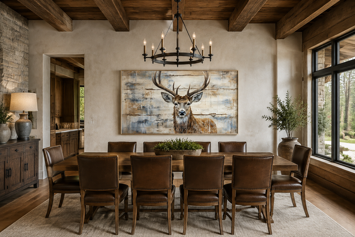 Rustic deer painting on a wood-textured canvas hanging in a cabin-style dining room.