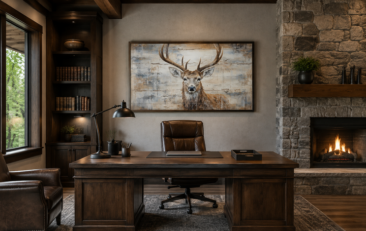 Rustic deer painting on wood canvas wall art hanging above a wooden desk in a cabin-style office.