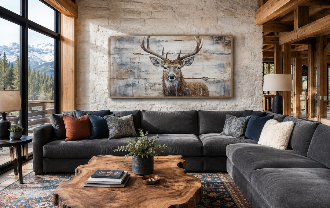 Rustic deer painting on wood canvas wall art above a dark grey sectional sofa in a cabin setting.