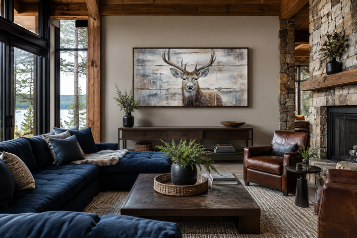 Rustic deer painting on wood-style canvas wall art in a cozy cabin living room setting.
