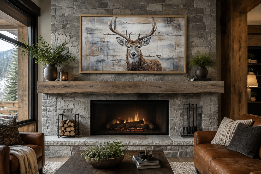 Rustic deer painting on wood canvas wall art above a stone fireplace in a cozy cabin living room.