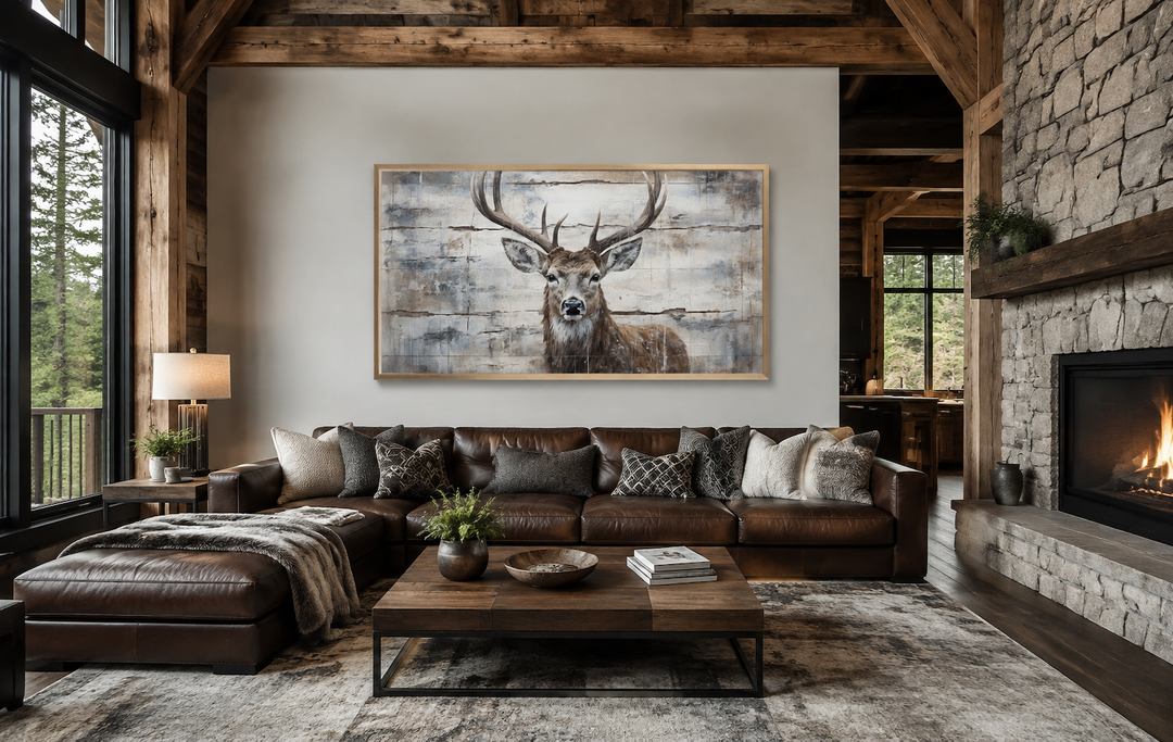 Rustic deer painting on wood-style canvas wall art above a leather sofa in a cabin living room.