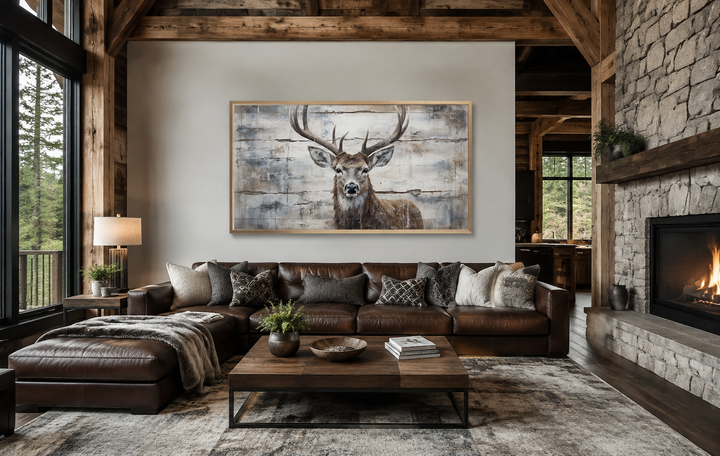 Rustic deer painting on wood-style canvas wall art above a leather sofa in a cabin living room.