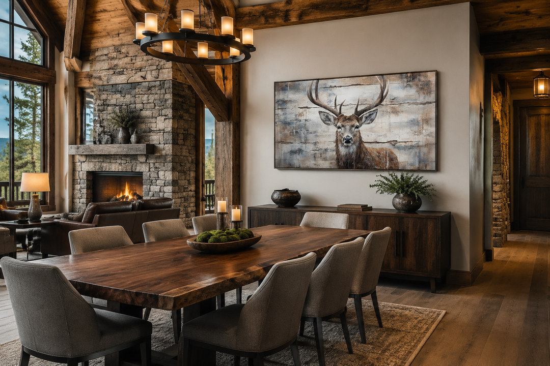 Rustic deer painting on wood canvas wall art hanging above a sideboard in a cabin-style dining room.
