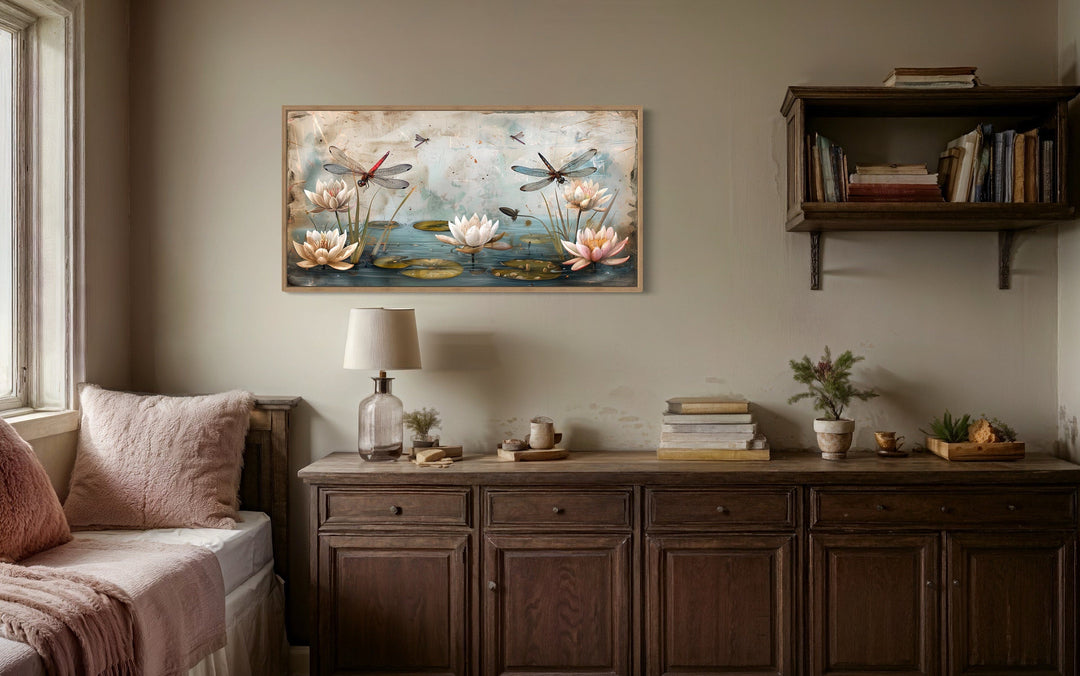 Rustic Dragonflies On Pond With Water Lilies Painting Framed Canvas Wall Art