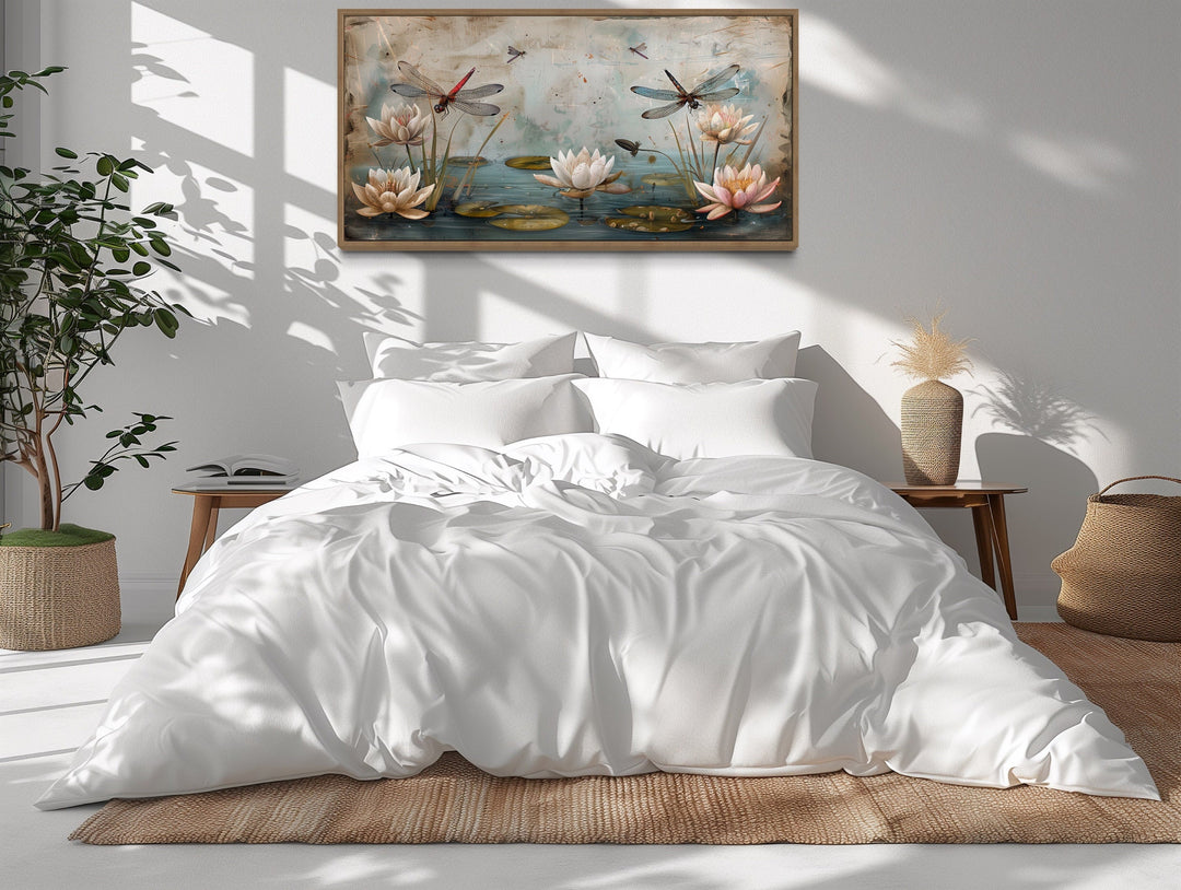 Rustic Dragonflies On Pond With Water Lilies Painting Framed Canvas Wall Art