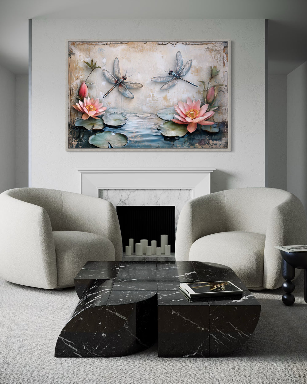 Rustic Dragonflies Wall Art – Framed Canvas Painting With Water Lilies Decor