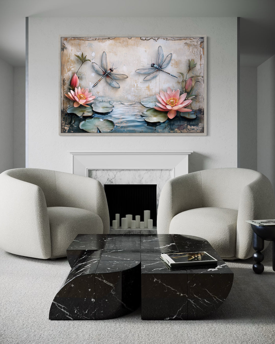 Rustic Dragonflies Wall Art – Framed Canvas Painting With Water Lilies Decor