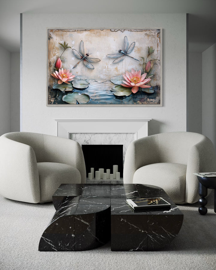 Rustic Dragonflies Wall Art – Framed Canvas Painting With Water Lilies Decor