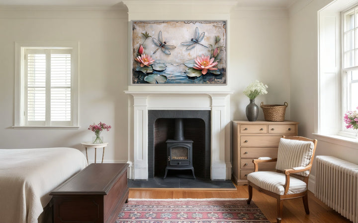 Rustic Dragonflies Wall Art – Framed Canvas Painting With Water Lilies Decor