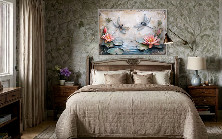 Rustic Dragonflies Wall Art – Framed Canvas Painting With Water Lilies Decor