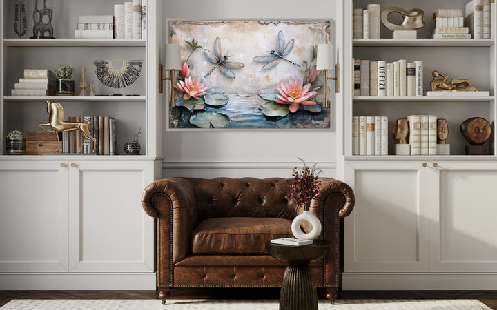 Rustic Dragonflies Wall Art – Framed Canvas Painting With Water Lilies Decor