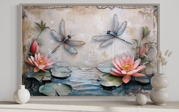 Rustic Dragonflies Wall Art – Framed Canvas Painting With Water Lilies Decor