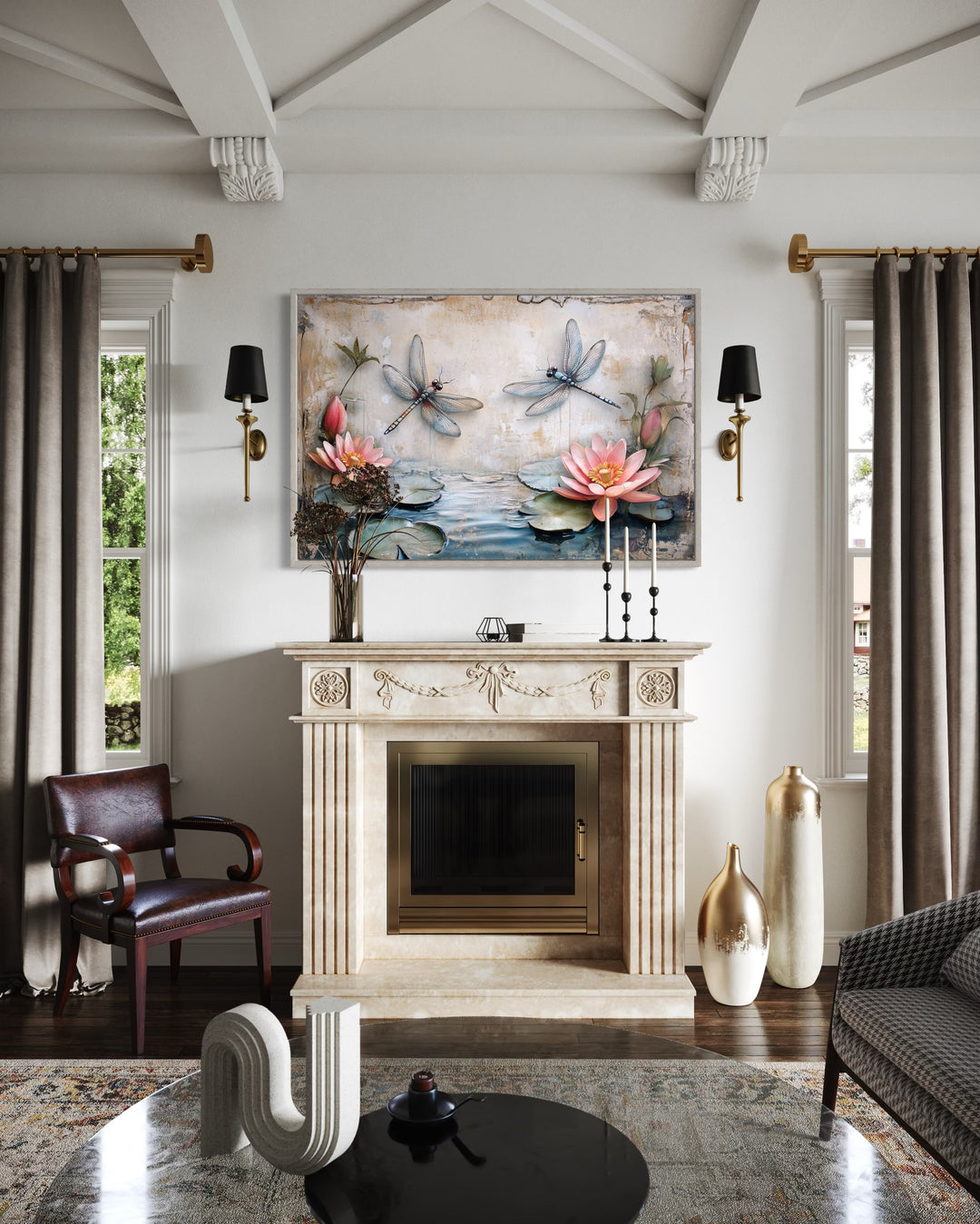 Rustic Dragonflies Wall Art – Framed Canvas Painting With Water Lilies Decor