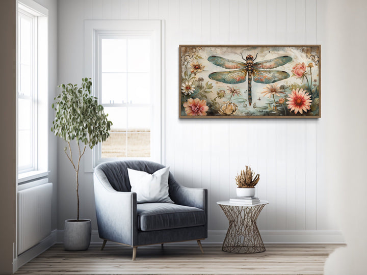 Rustic Dragonfly Illustration With Flowers Framed Canvas Wall Art