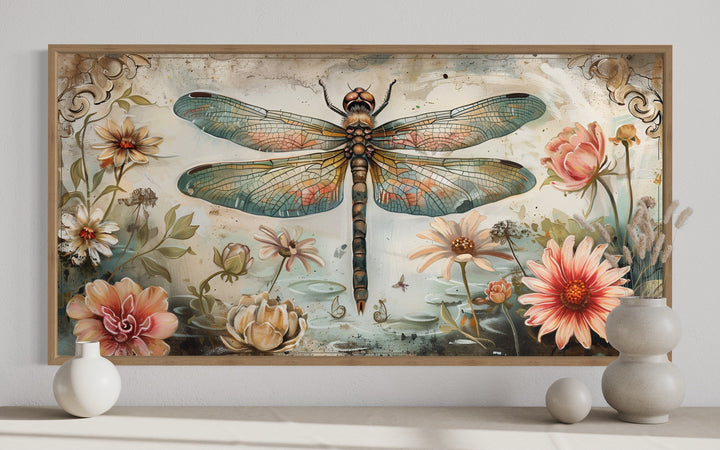 Rustic Dragonfly Illustration With Flowers Framed Canvas Wall Art