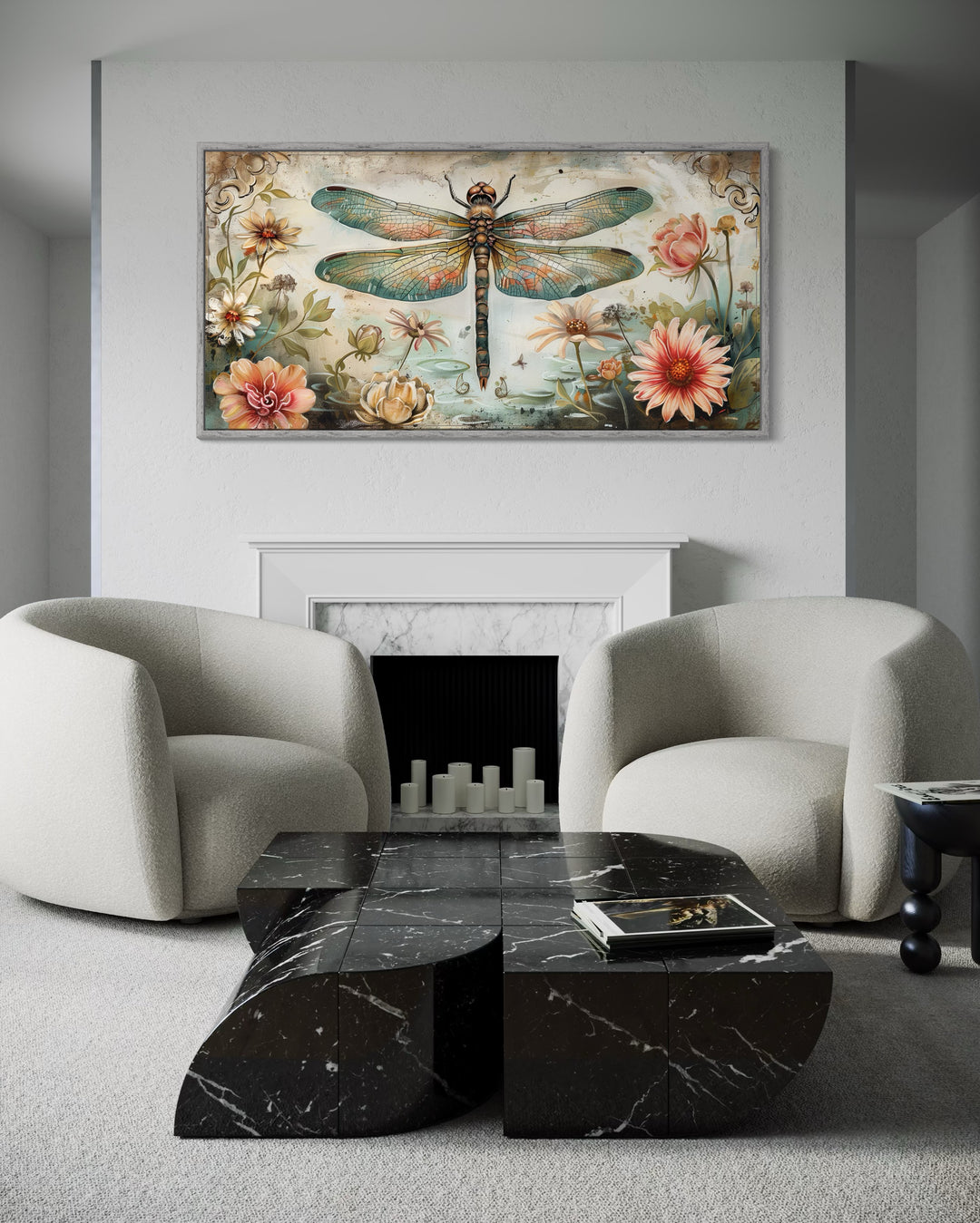 Rustic Dragonfly Illustration With Flowers Framed Canvas Wall Art