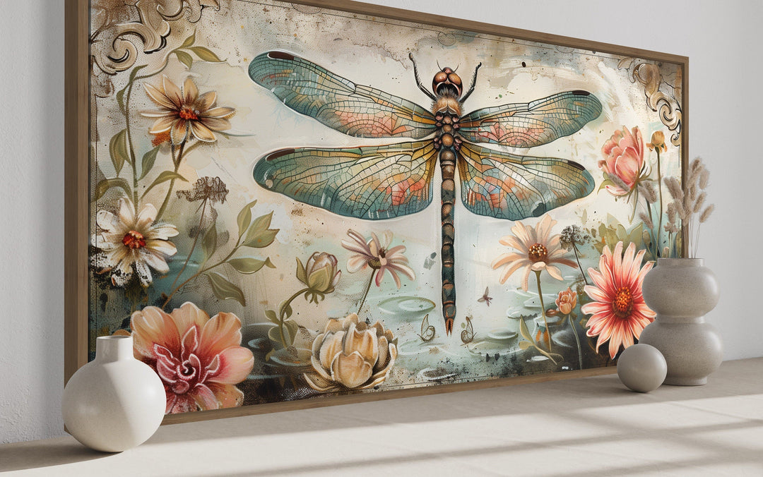 Rustic Dragonfly Illustration With Flowers Framed Canvas Wall Art