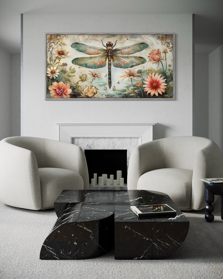 Rustic Dragonfly Wall Art – Framed Canvas Floral Illustration for Farmhouse Decor