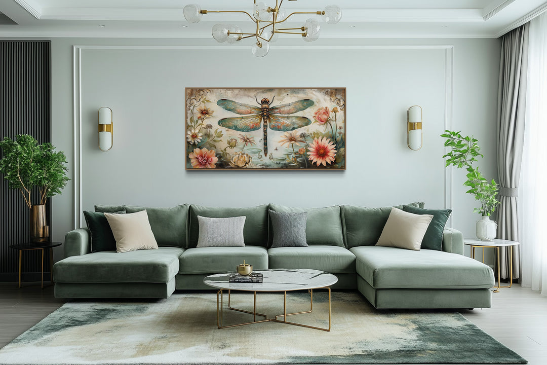 Rustic Dragonfly Wall Art – Framed Canvas Floral Illustration for Farmhouse Decor