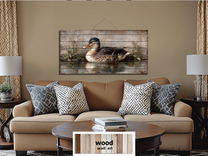 Rustic Duck On Water Distressed Wood Wall Art