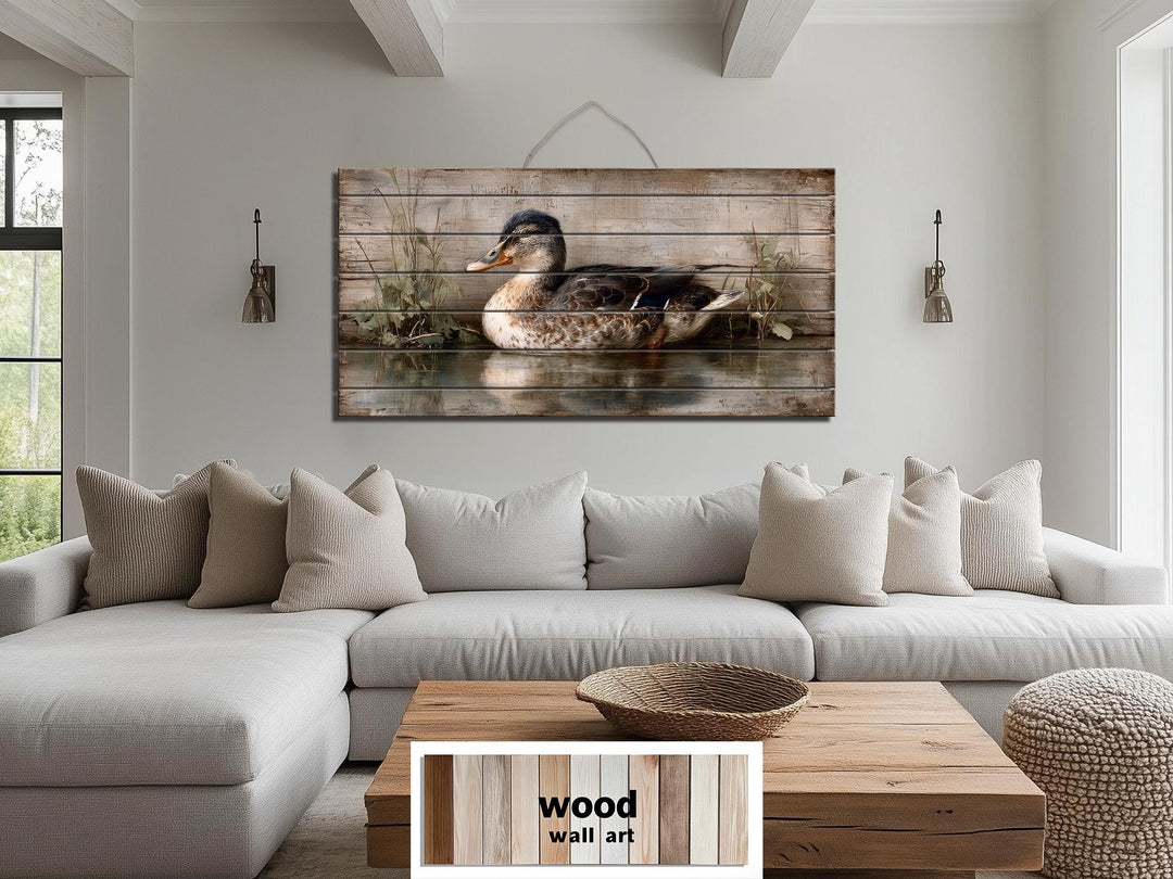 Rustic Duck On Water Distressed Wood Wall Art