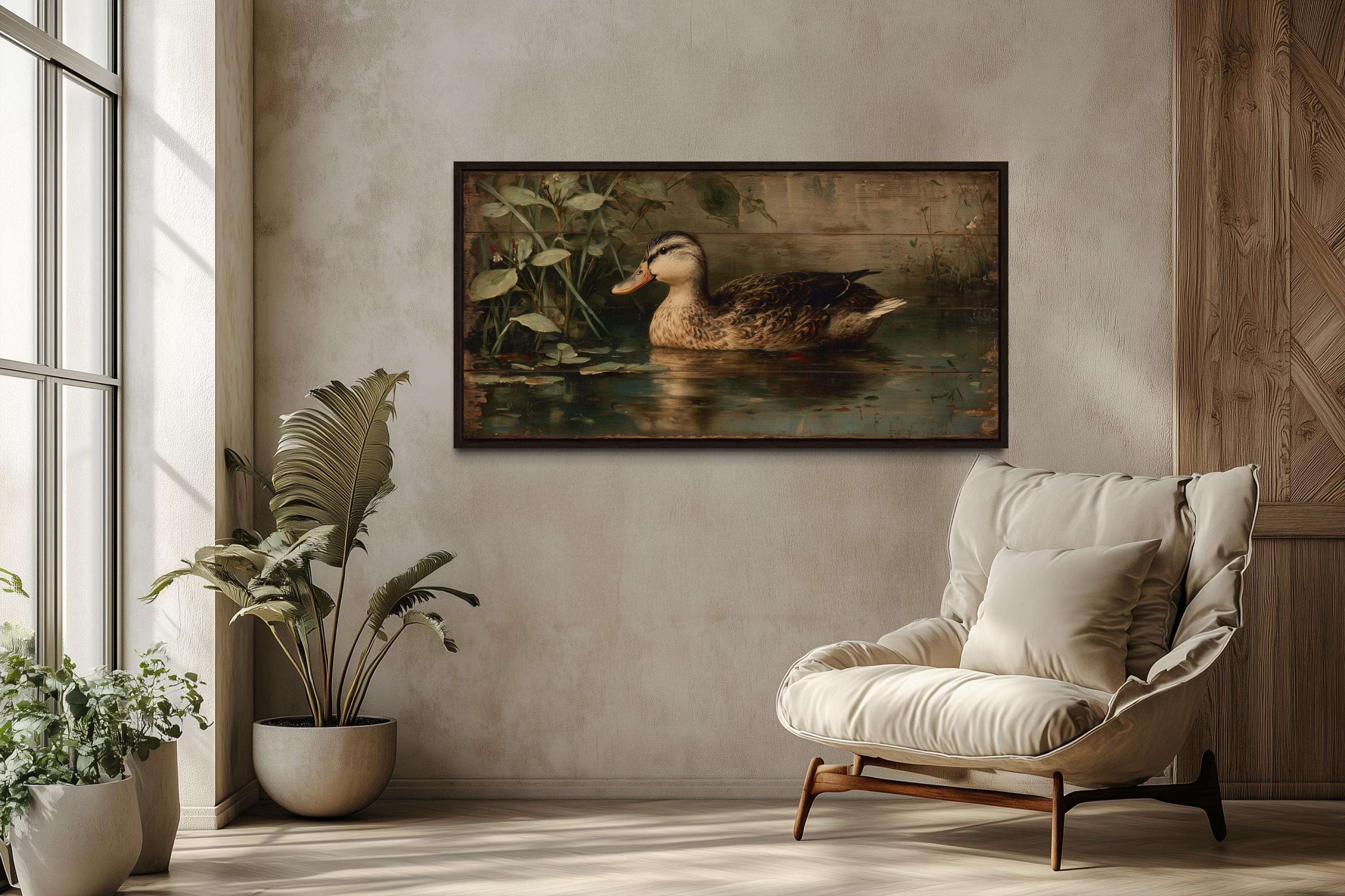 ウッドウォールアート(930×480・1) Rustic Duck Wall Art: Vintage Waterfowl Canvas Print – Wall Decor