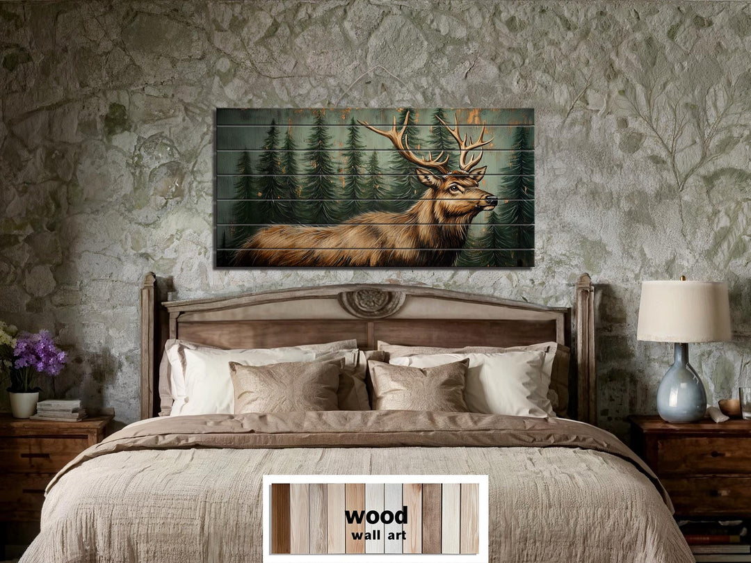 Rustic Elk In Pine Forest Painting on Wood Distressed Wood Wall Art