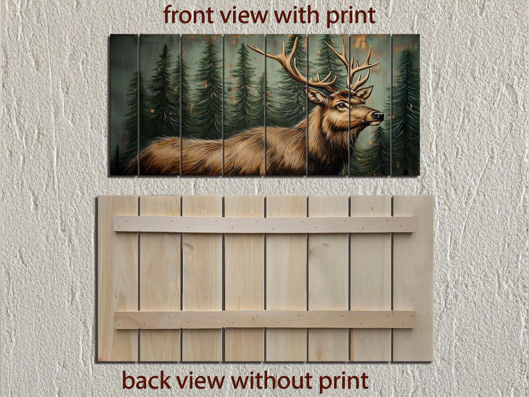 Rustic Elk In Pine Forest Painting on Wood Distressed Wood Wall Art