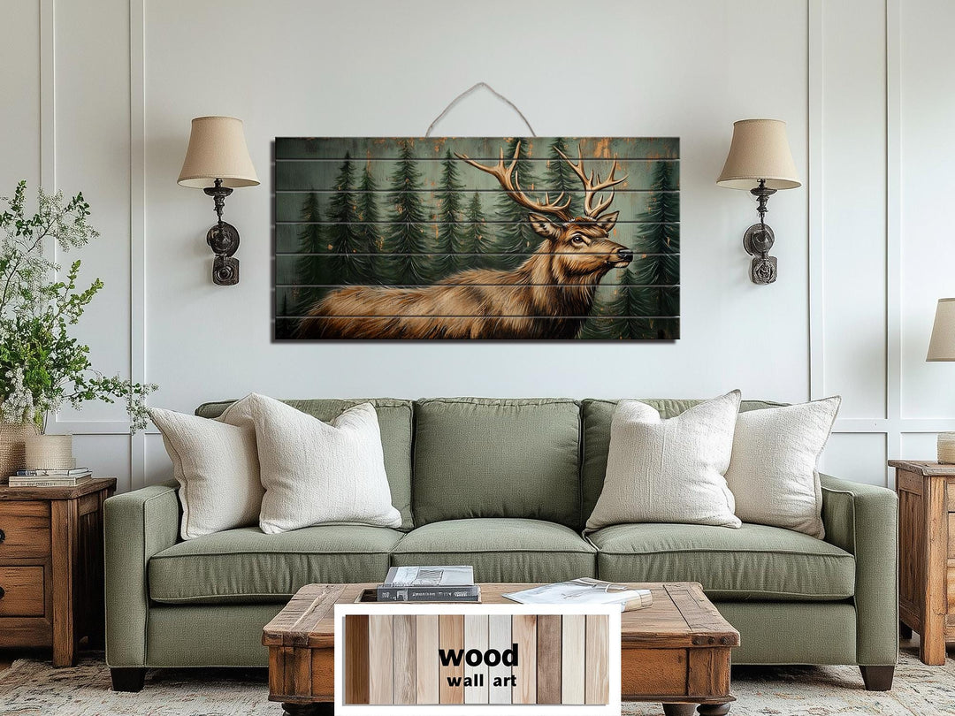 Rustic Elk In Pine Forest Painting on Wood Distressed Wood Wall Art