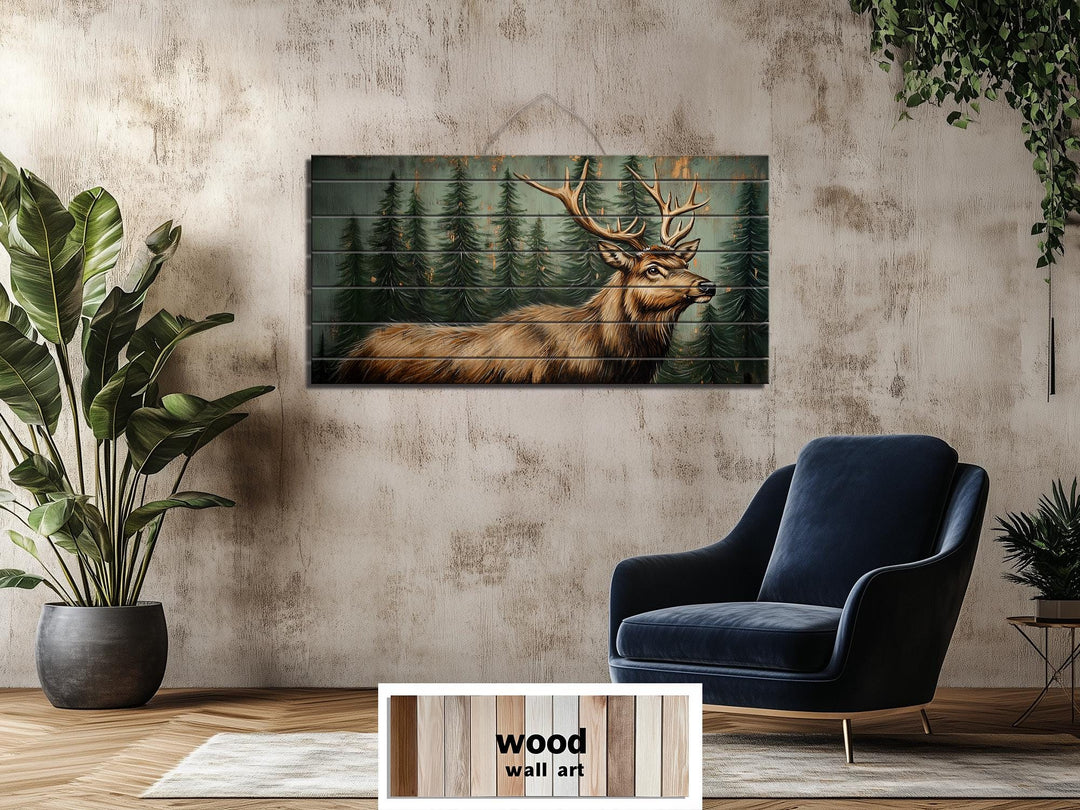 Rustic Elk In Pine Forest Painting on Wood Distressed Wood Wall Art