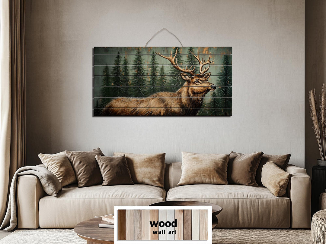 Rustic Elk In Pine Forest Painting on Wood Distressed Wood Wall Art