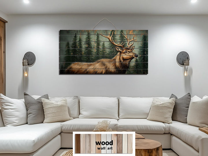 Rustic Elk In Pine Forest Painting on Wood Distressed Wood Wall Art