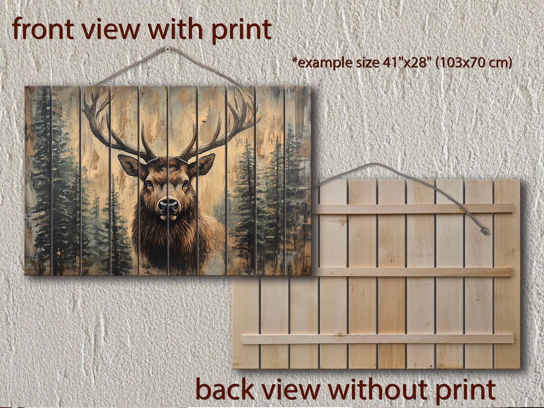 Rustic Elk In Pine Trees Distressed Wood Wall Art