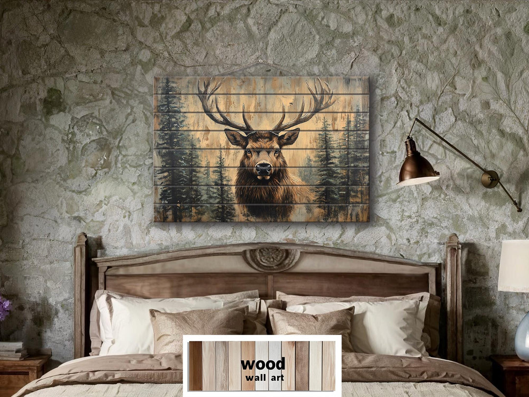 Rustic Elk In Pine Trees Distressed Wood Wall Art