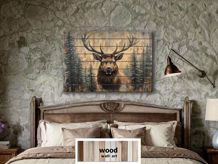 Rustic Elk In Pine Trees Distressed Wood Wall Art
