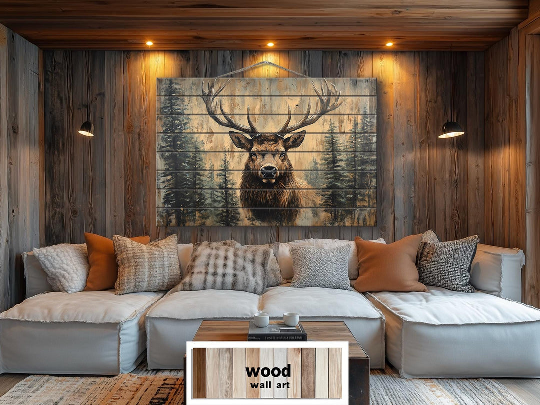 Rustic Elk In Pine Trees Distressed Wood Wall Art