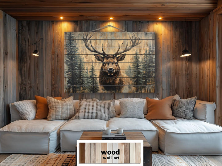 Rustic Elk In Pine Trees Distressed Wood Wall Art