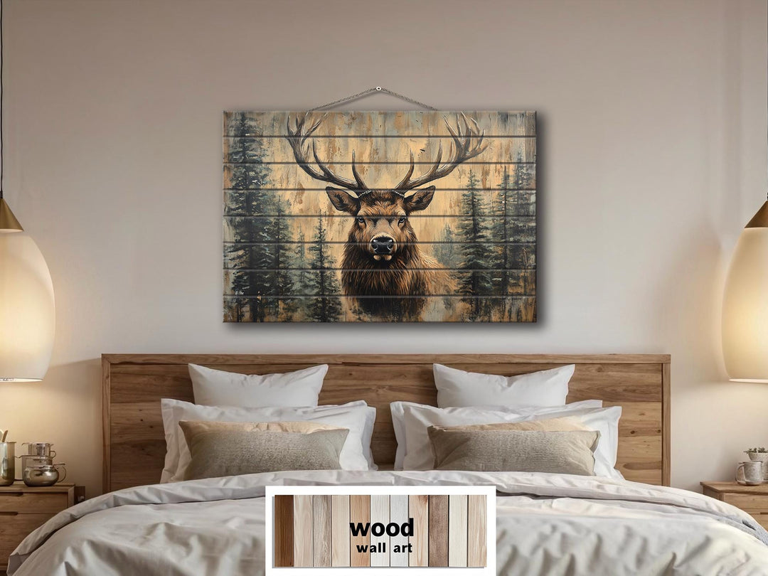 Rustic Elk In Pine Trees Distressed Wood Wall Art