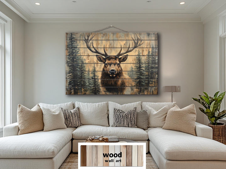 Rustic Elk In Pine Trees Distressed Wood Wall Art