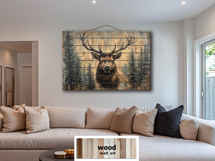 Rustic Elk In Pine Trees Distressed Wood Wall Art